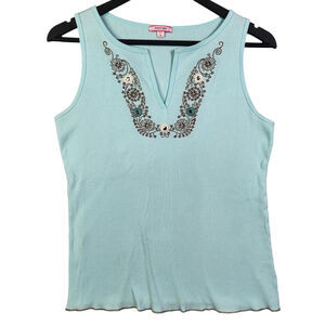 VTG Y2K Energie Baby Blue Ribbed Tank Top Sz XL Embroidered V Neck Boho Summer